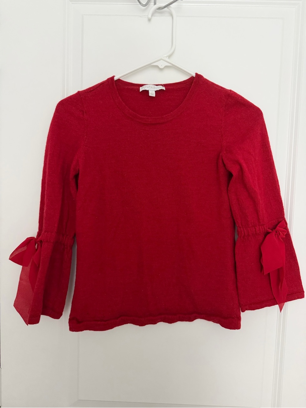 100% merino wool Talbots Red Knit Top with Bow-Sleeve Detail
